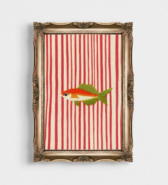 Vintage Striped Sardine Print Retro Wall Art Fish Illustration For Seafood Lovers Red Striped Artwork Unique Pike Decor For Kitchen