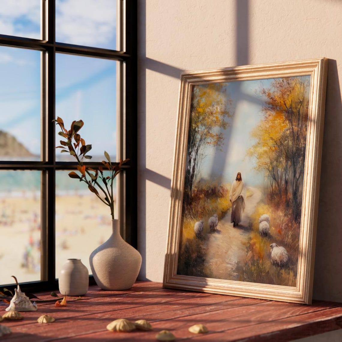 Jesus Walking Down Golden Autumn Path With Sheep Flock Poster - Image 2