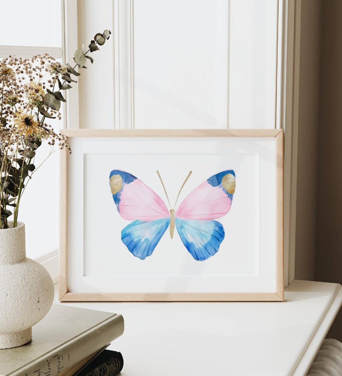 Pastel Watercolor Butterfly Pink Blue Gold Nursery Art Poster - Image 3
