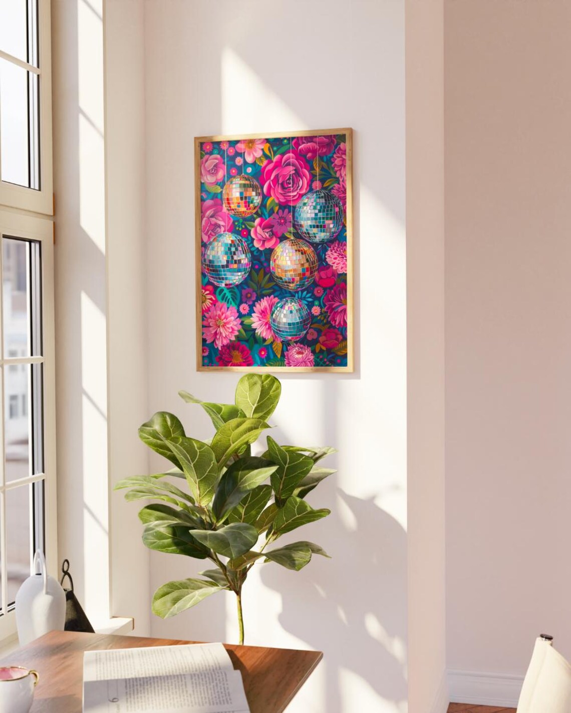 Disco Balls Among Bright Pink Flowers Party Garden Art Poster - Image 3