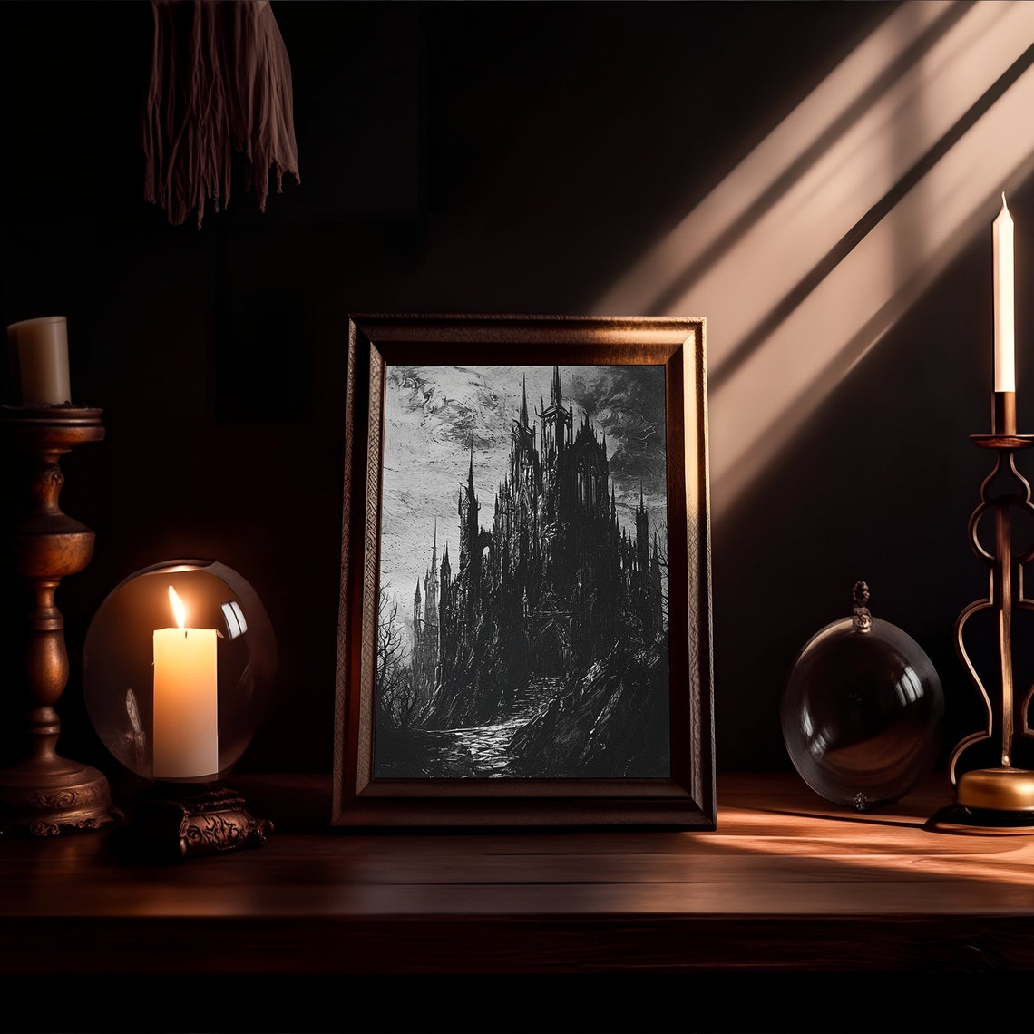 Gothic Castle Ink Painting Dark Monochrome Cathedral Wall Art - Image 2