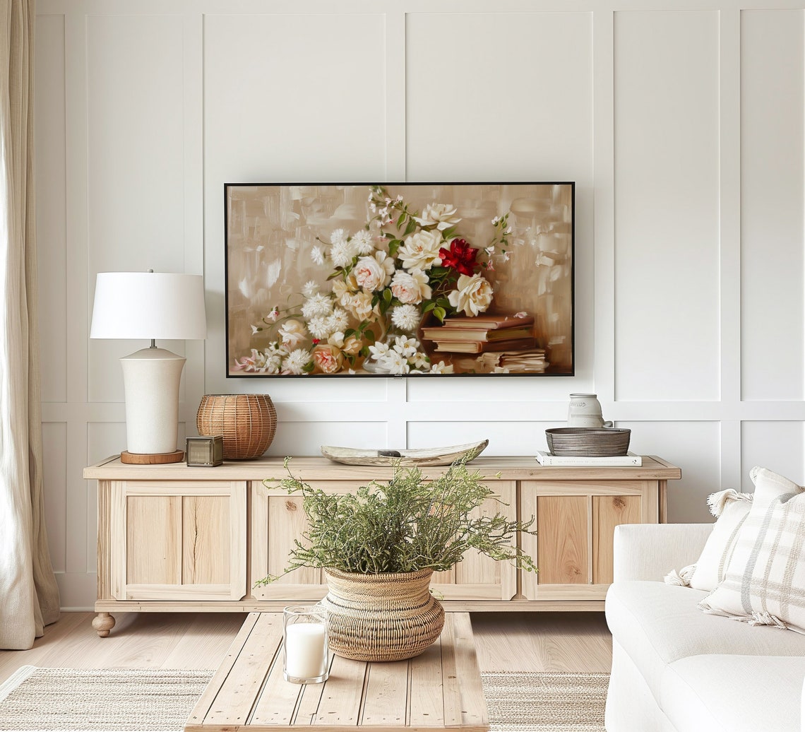 Neutral Beige Roses With Old Books Soft Romantic Floral Art Poster - Image 2