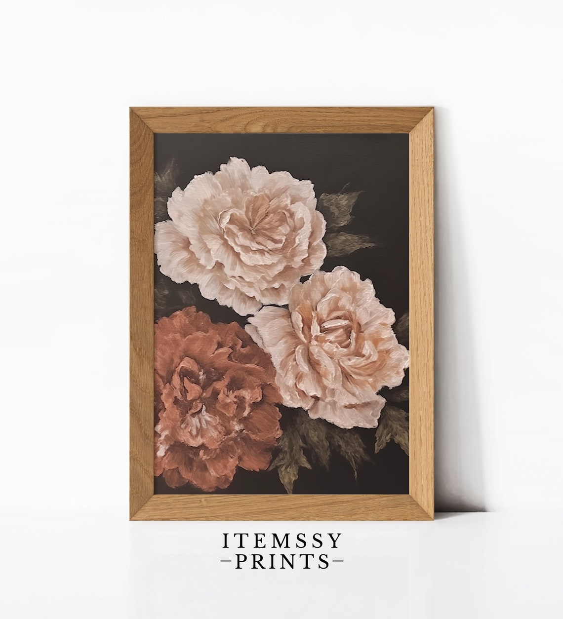 Blush Peony Blooms on Dark Background Moody Floral Art Poster - Image 2