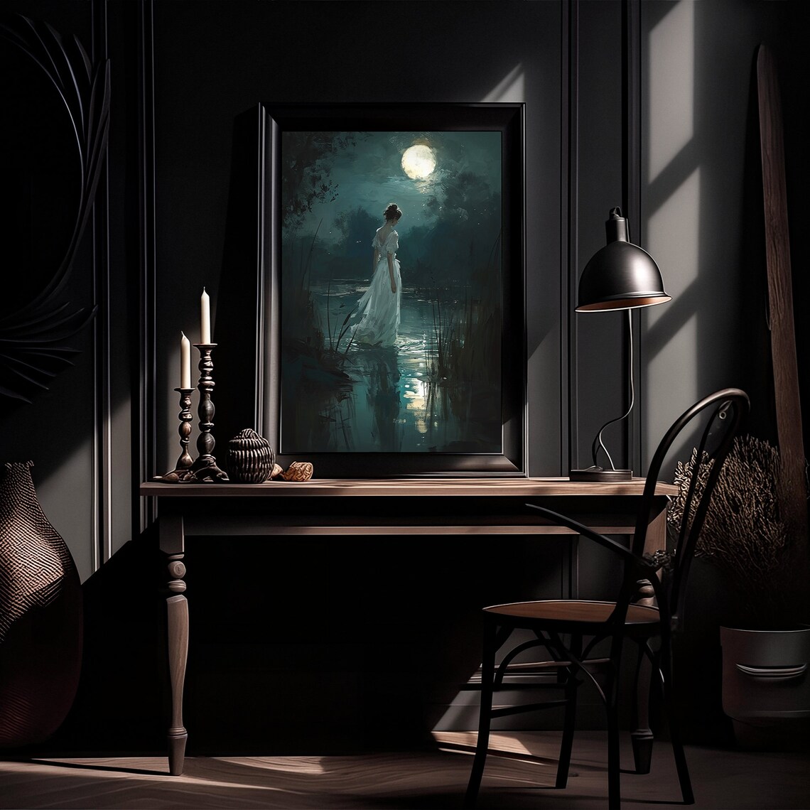 Woman Wading in Moonlit Lake White Dress Dark Academia Poster - Image 3