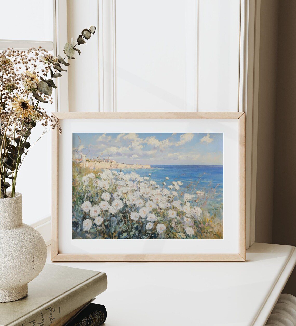 White Wildflower Field Coastal Ocean Summer Vintage Oil Painting Poster - Image 2