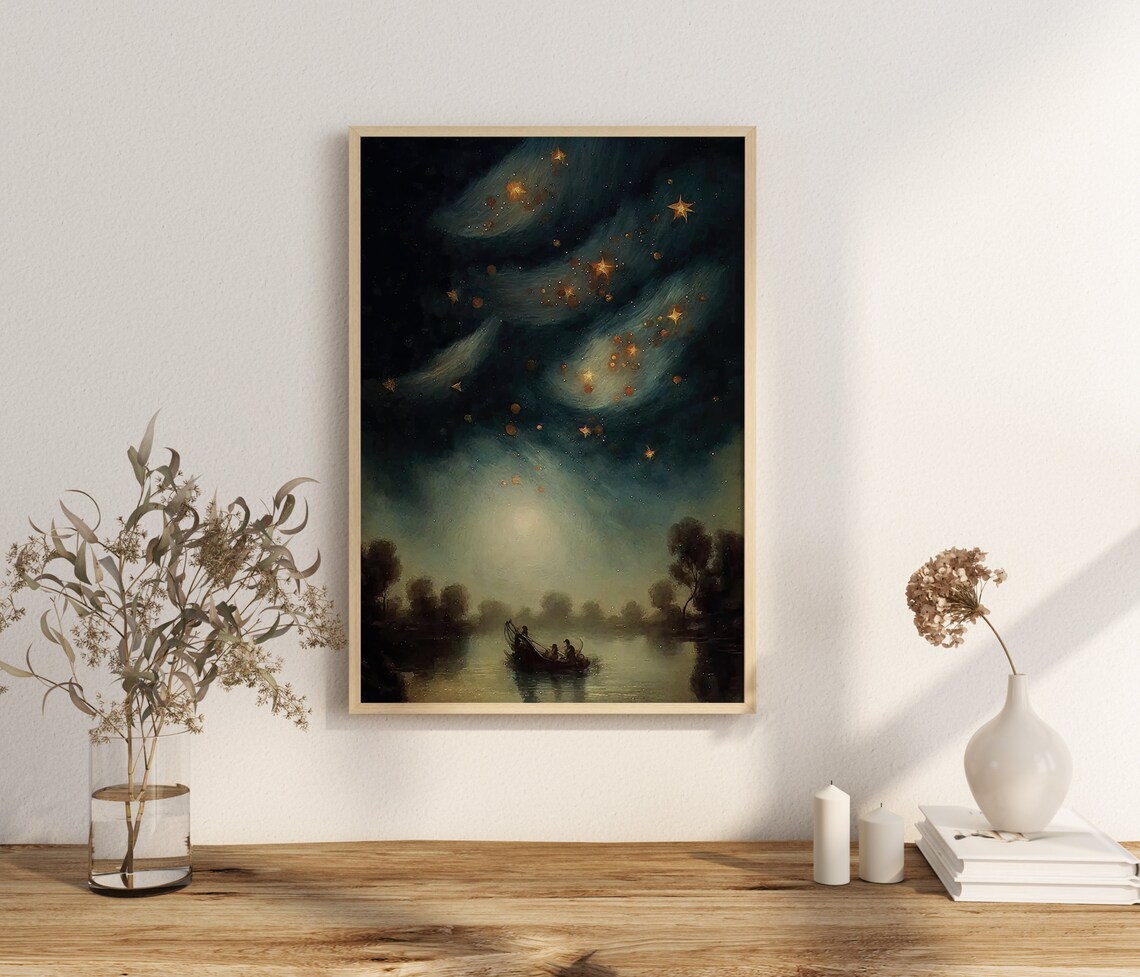 Starry Night Sky Golden Stars Moonlit Lake Boat Vintage Painting Poster - Image 2