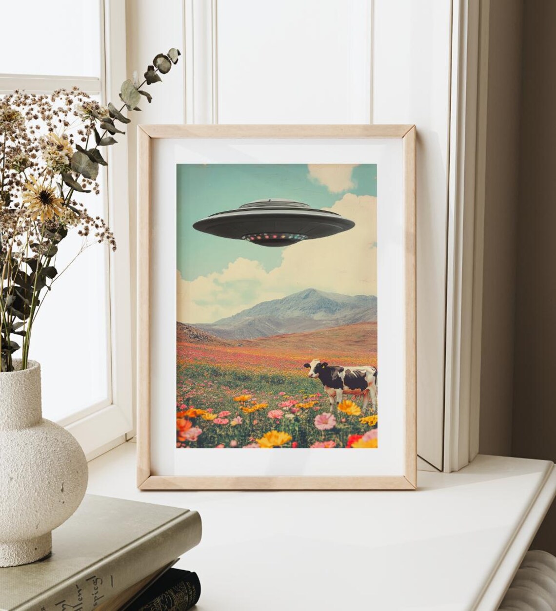 UFO Over Cow in Wildflower Meadow Retro Surreal Cosmic Space Art Print - Image 4
