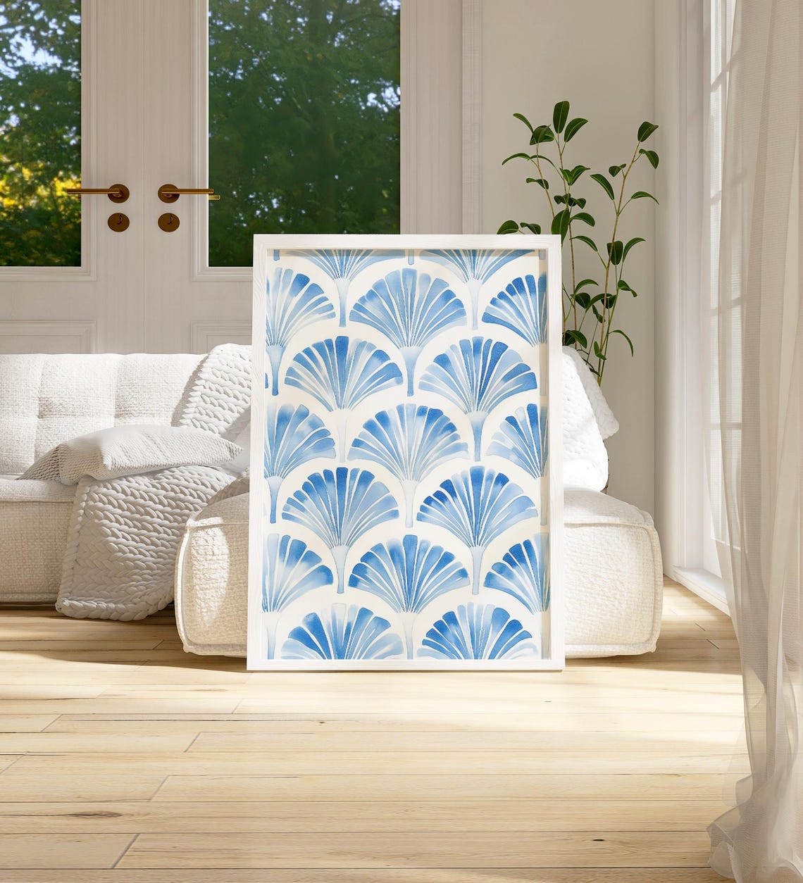 Blue Watercolor Scallop Shell Fans Coastal Pattern Wall Poster - Image 2