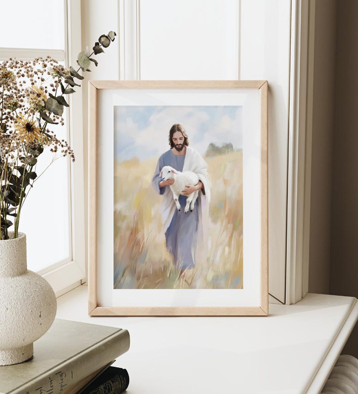 Jesus Gently Holding A Small Lamb In A Golden Wheat Field Poster - Image 4