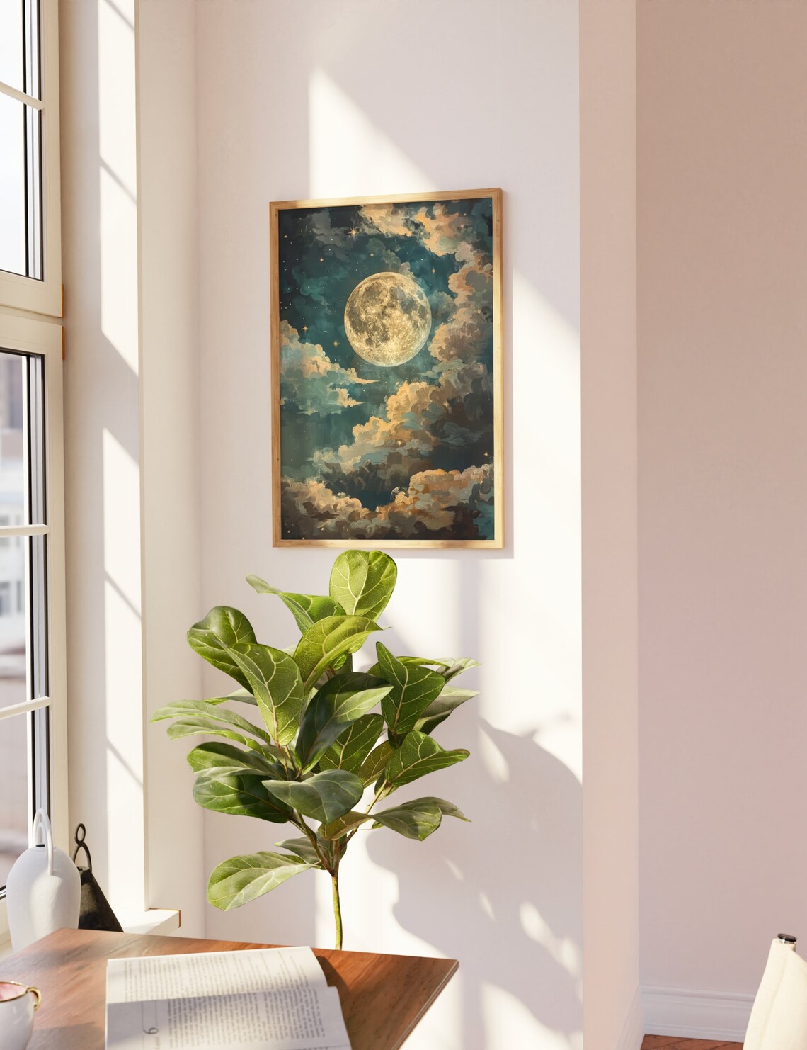 Golden Full Moon Night Sky Cloudy Stars Moody Celestial Art Poster - Image 3