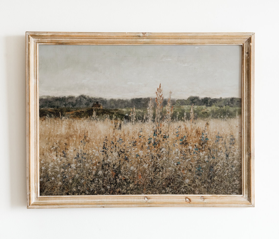 Vintage Wildflower Field Oil Painting Muted Gold Country Meadow Poster