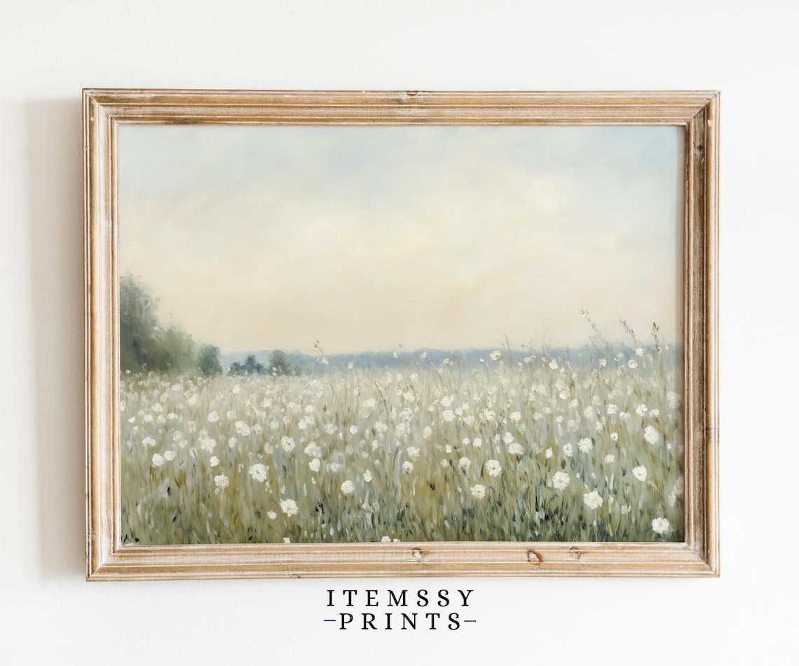 White Wildflower Meadow Painting Vintage Farmhouse Country Poster