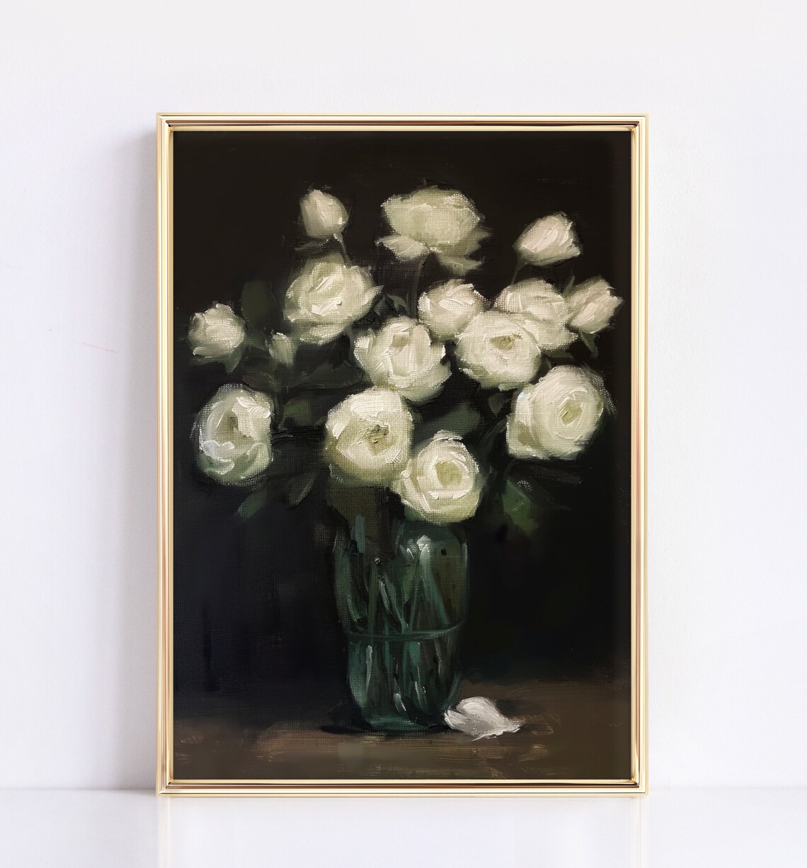 White Roses in Glass Vase Dark Background Oil Painting Poster