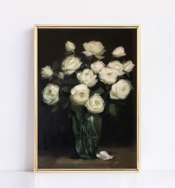 Dark Moody Peony Oil Painting Fine Art Print Dark Floral Wall Art Elegant Botanical Decor Decor For Living Room Or Bedroom