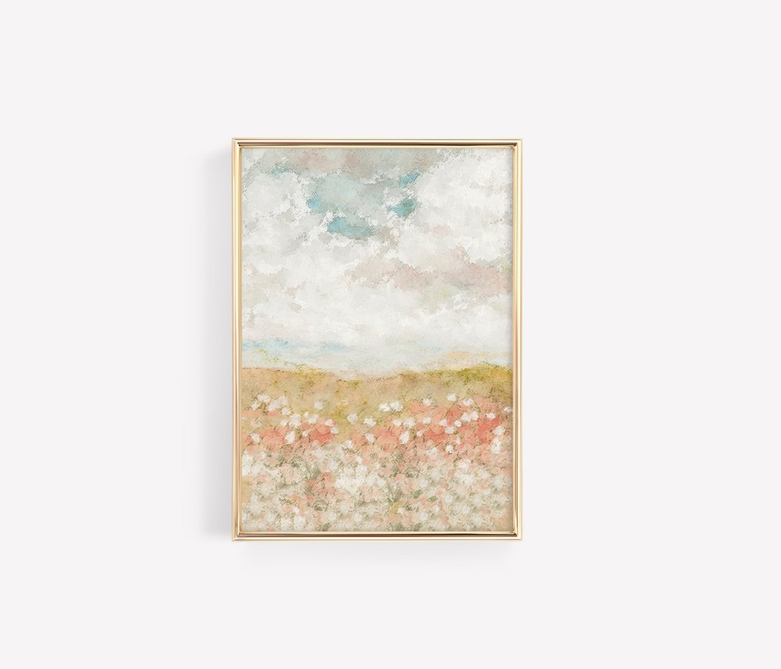 Muted Cloudy Sky Wildflower Field Pastoral Calm Serene Art Poster - Image 3