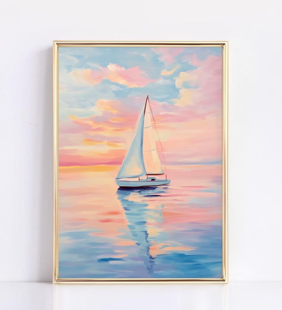 Pastel Sunset Sailboat Painting Pink Blue Ocean Reflection Wall Poster - Image 2