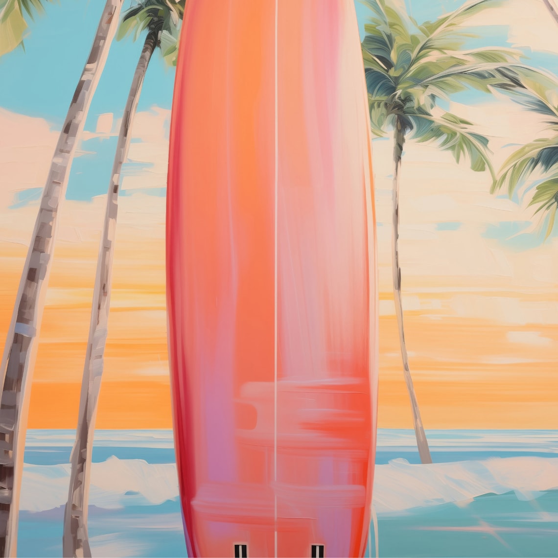 Coral Surfboard Palm Trees Sunset Minimalist Coastal Surf Art Poster - Image 2