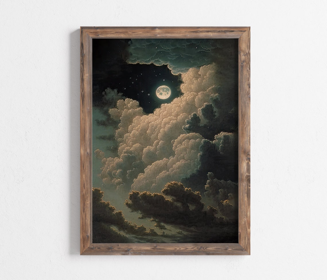 Full Moon Behind Storm Clouds Dramatic Vintage Night Sky Art Poster - Image 2