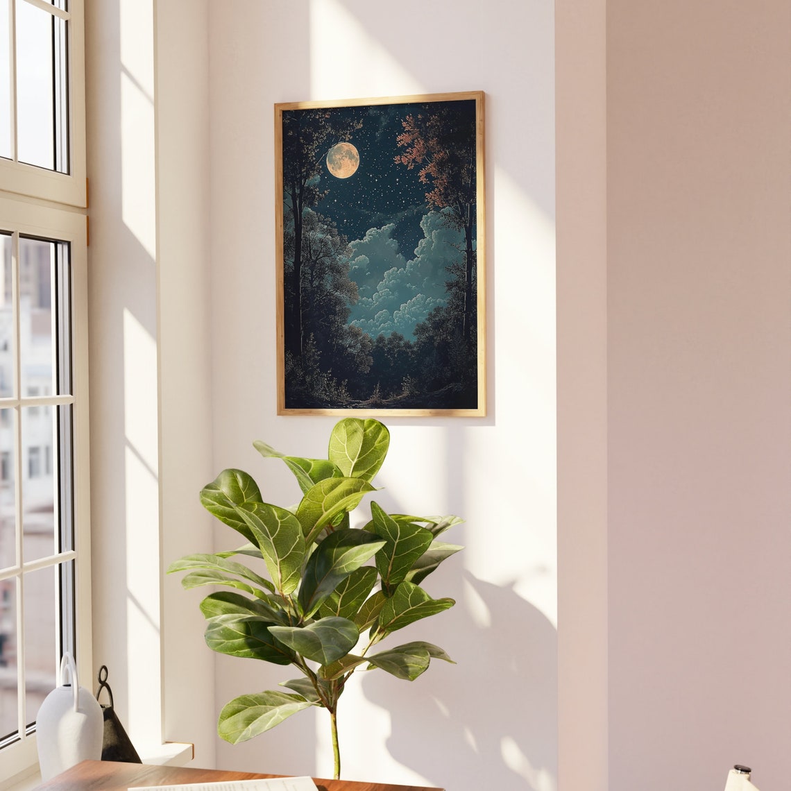 Full Moon Over Autumn Forest Red Trees Starry Night Art Poster - Image 2