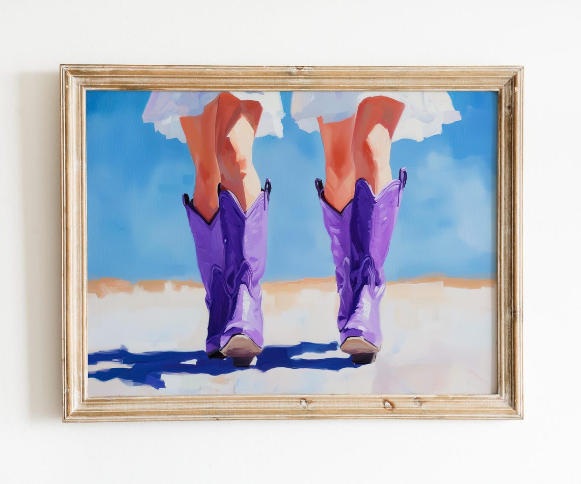 Pair of Purple Cowboy Boots Walking on Beach Western Coastal Wall Art