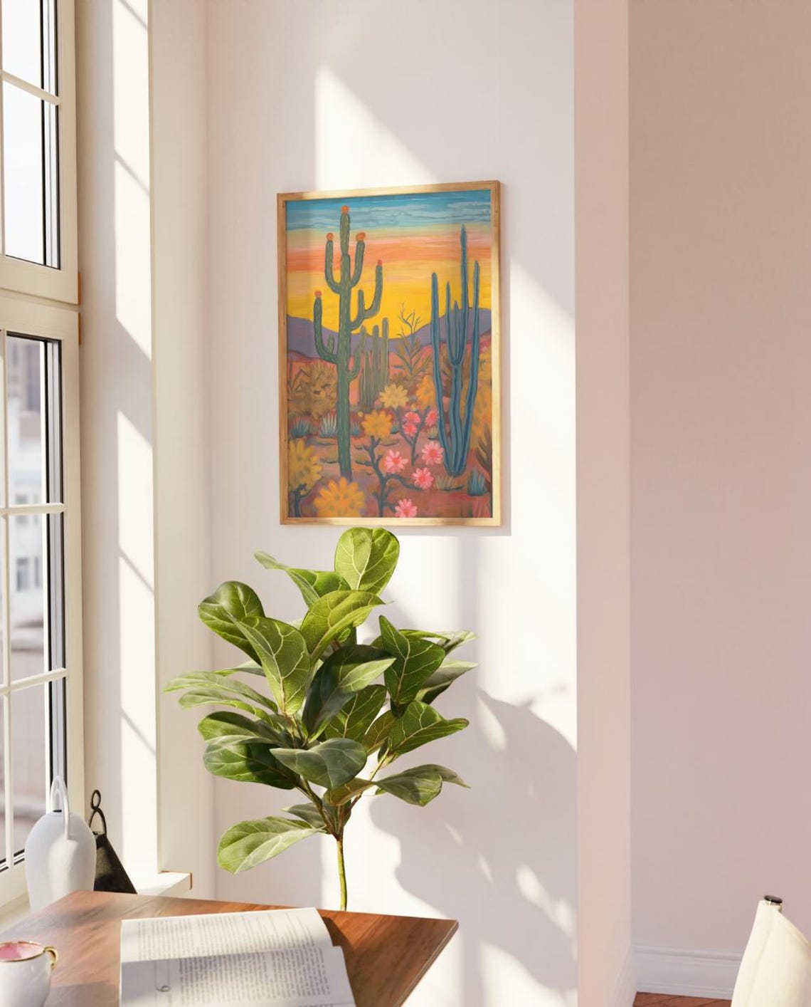 Desert Sunset Saguaro Cacti Wildflowers Southwest Landscape Poster - Image 3