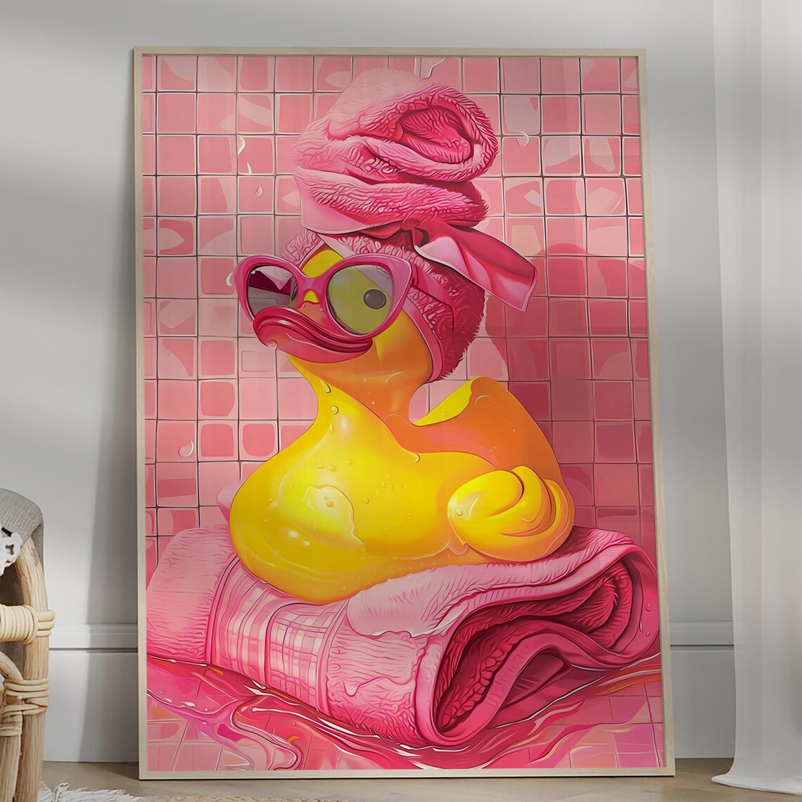 Cute Bathroom Duck Print, Pink Retro Dorm Decor