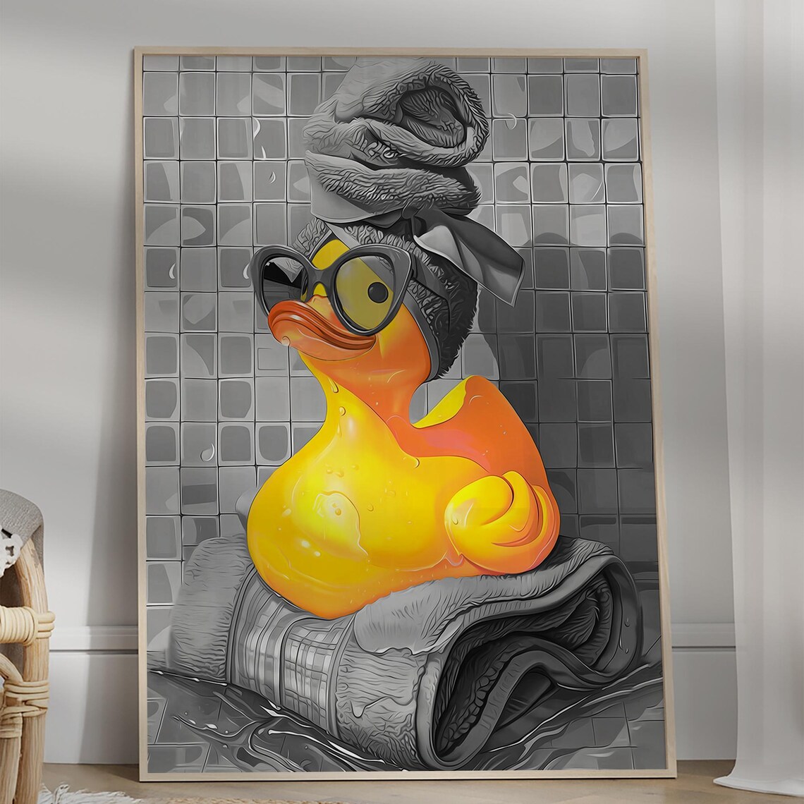 Yellow Rubber Duck in Sunglasses with Gray Towel Turban Funny Wall Art