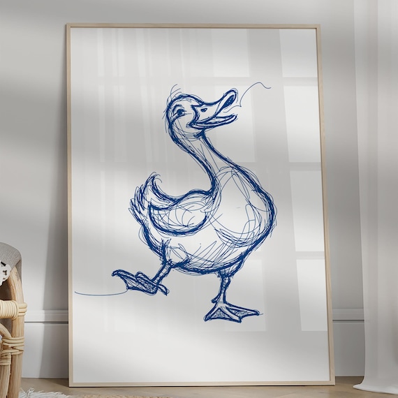 Blue Ink Duck Sketch Loose Whimsical Line Drawing Minimalist Wall Art