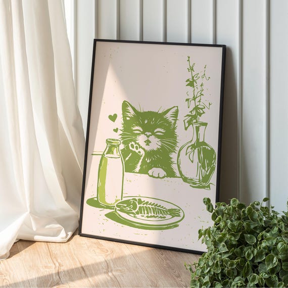 Cute Cat Kitchen Poster Minimalist Wall Art Funny Dinner Print Lover Gift Scandinavian Style Animal Decor