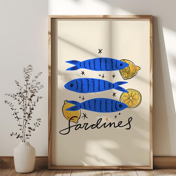 Trendy Sardines Fish Lemon Kitchen Illustration Modern Art Poster