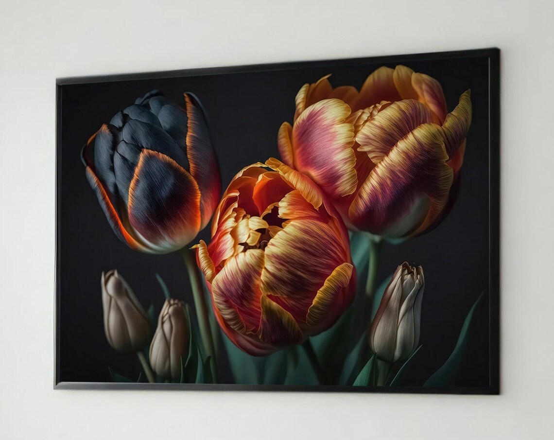 Dramatic Tulip Bouquet, Elegant Floral Painting