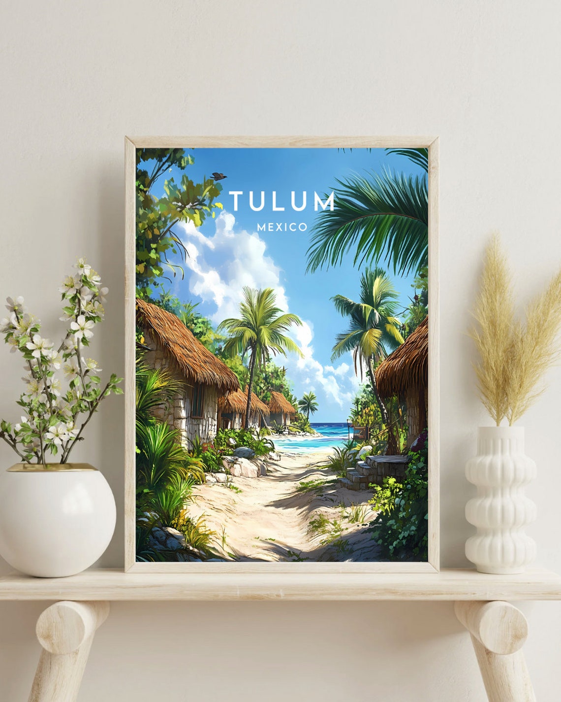 Tulum Mexico Beach Huts Palms Sunny Caribbean Coastal Travel Poster - Image 4