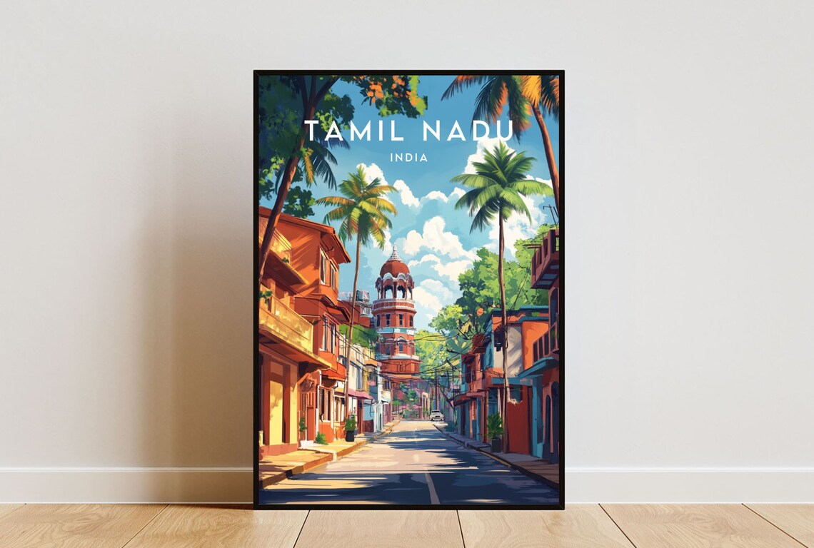 Tamil Nadu India Palm Street Temple Tower South India Travel Poster