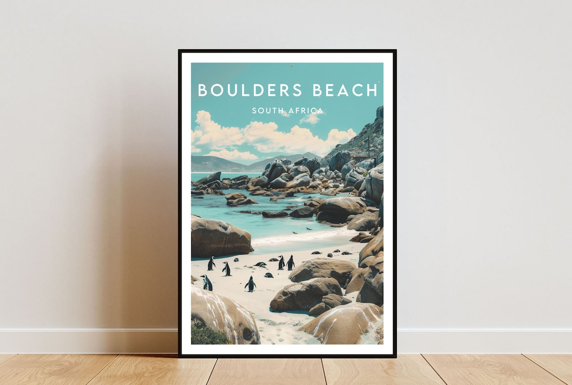 Boulders Beach South Africa Penguins Rocky Shore Travel Poster