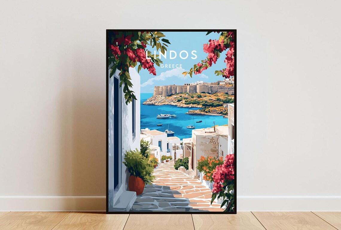 Lindos Travel Poster, Greece Europe Wall Art