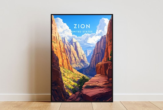 Zion Utah USA Towering Red Rock Canyon Cliffs Vintage Travel Poster