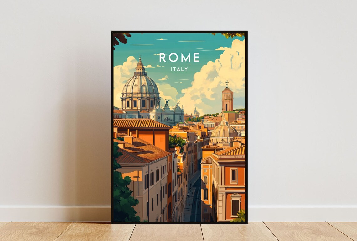 Rome Italy St Peters Basilica Dome Rooftop View Vintage Travel Poster