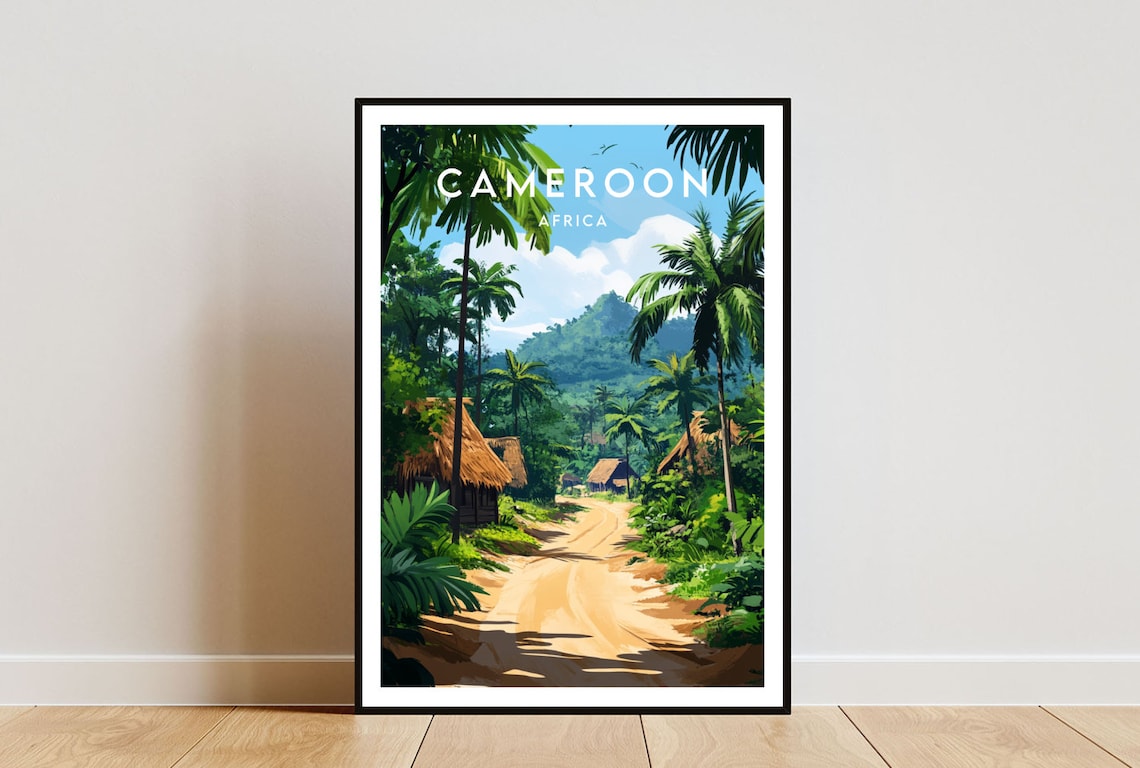 Cameroon Tropical Palm Road Village Rainforest Travel Poster
