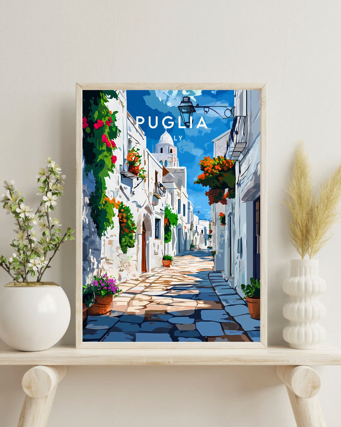 Puglia Italy Whitewashed Flower Street Old Town Travel Poster - Image 4