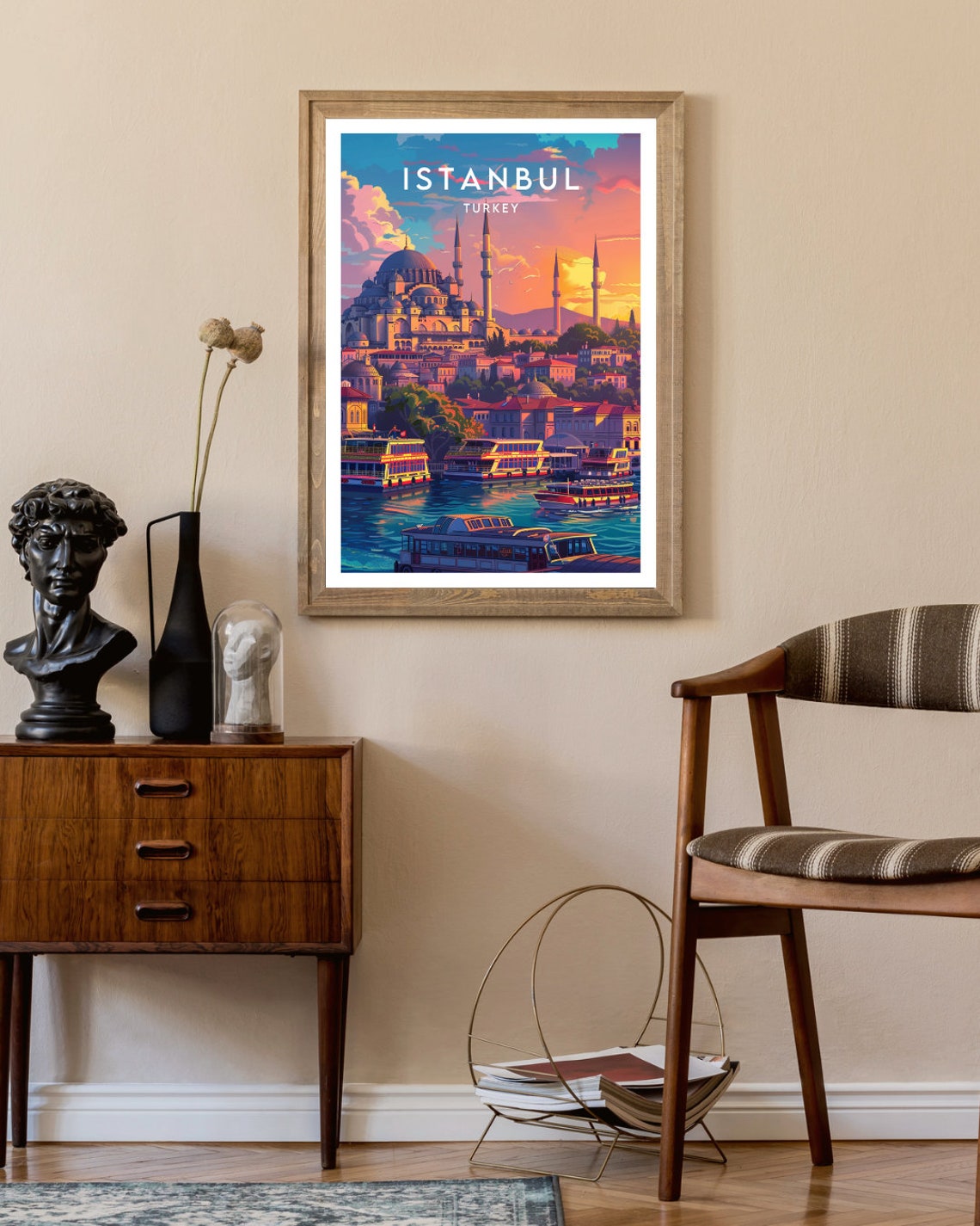 Istanbul Turkey Mosque Minarets and Ferries at Sunset Art Poster - Image 2