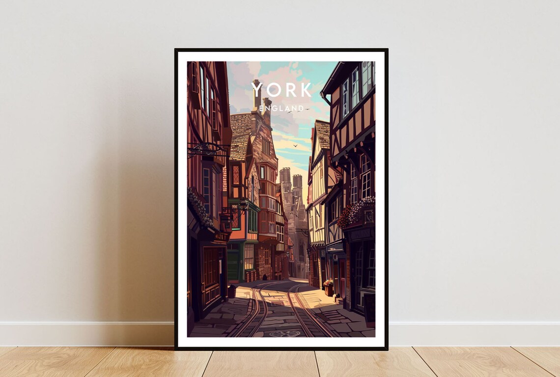 York England Medieval Street Old Timber Houses Vintage Travel Poster