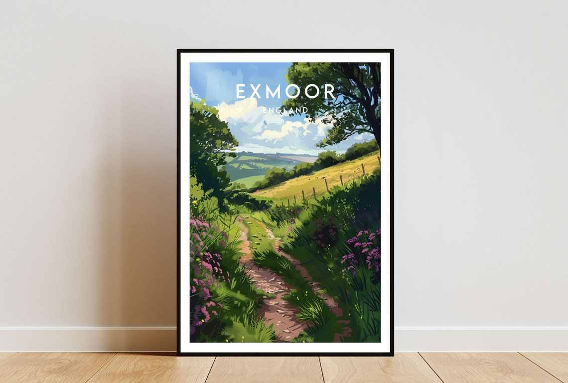 Exmoor England Wildflower Footpath Rolling Hills Vintage Travel Poster