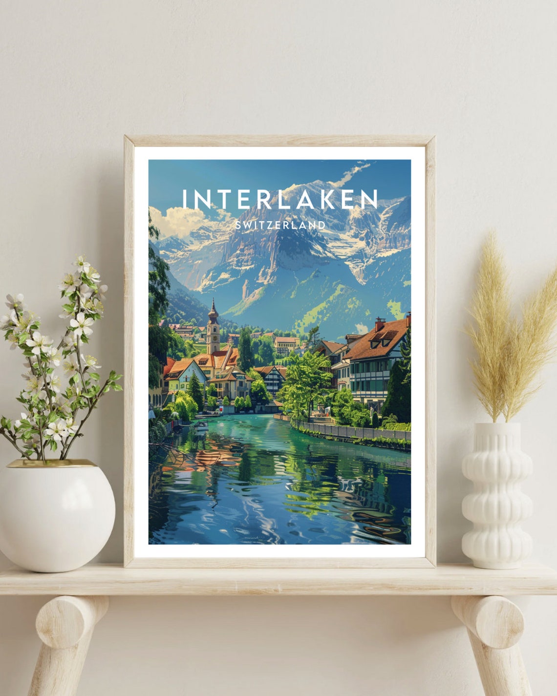 Interlaken Switzerland Alpine Lake Town Reflection Travel Poster - Image 4