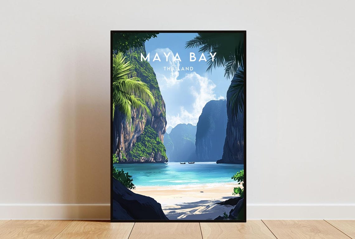 Maya Bay Thailand Limestone Cliffs Turquoise Beach Travel Poster