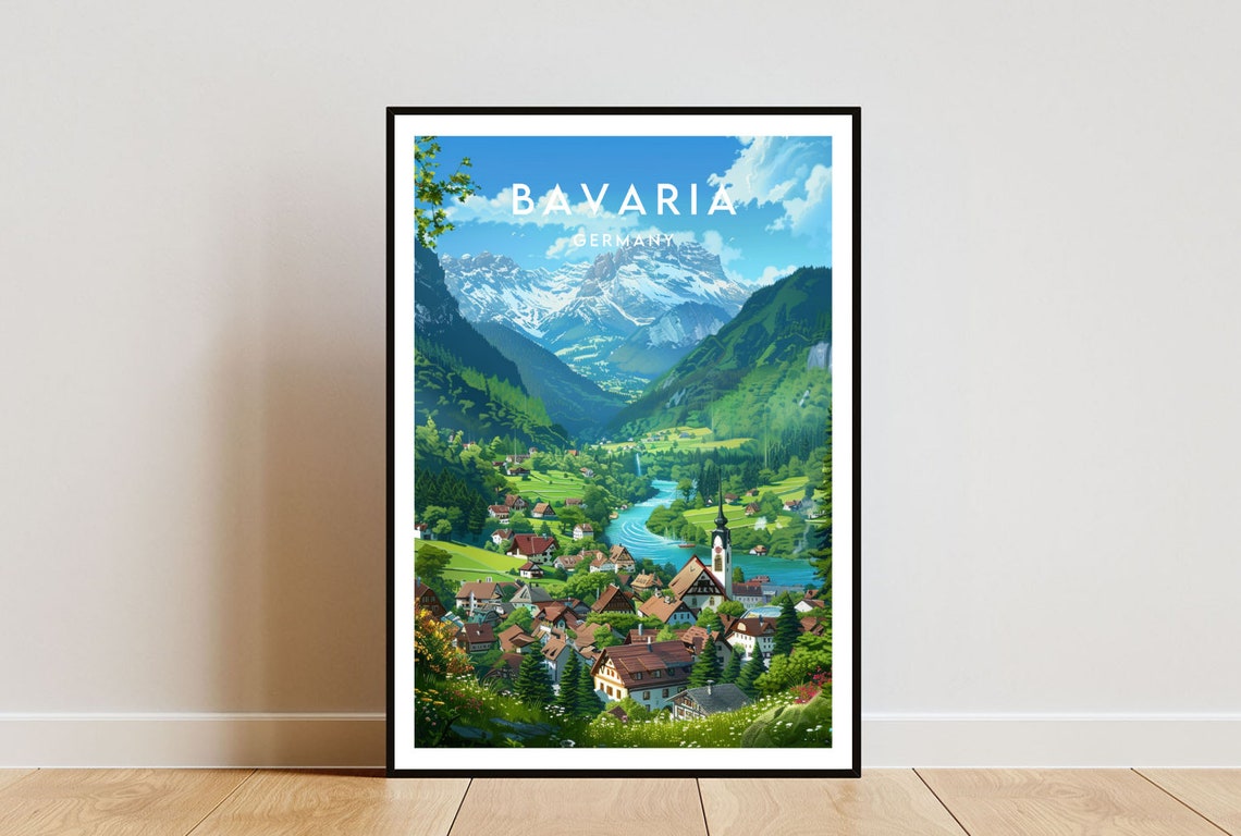 Bavaria Germany Alpine Valley Village River Mountain View Poster