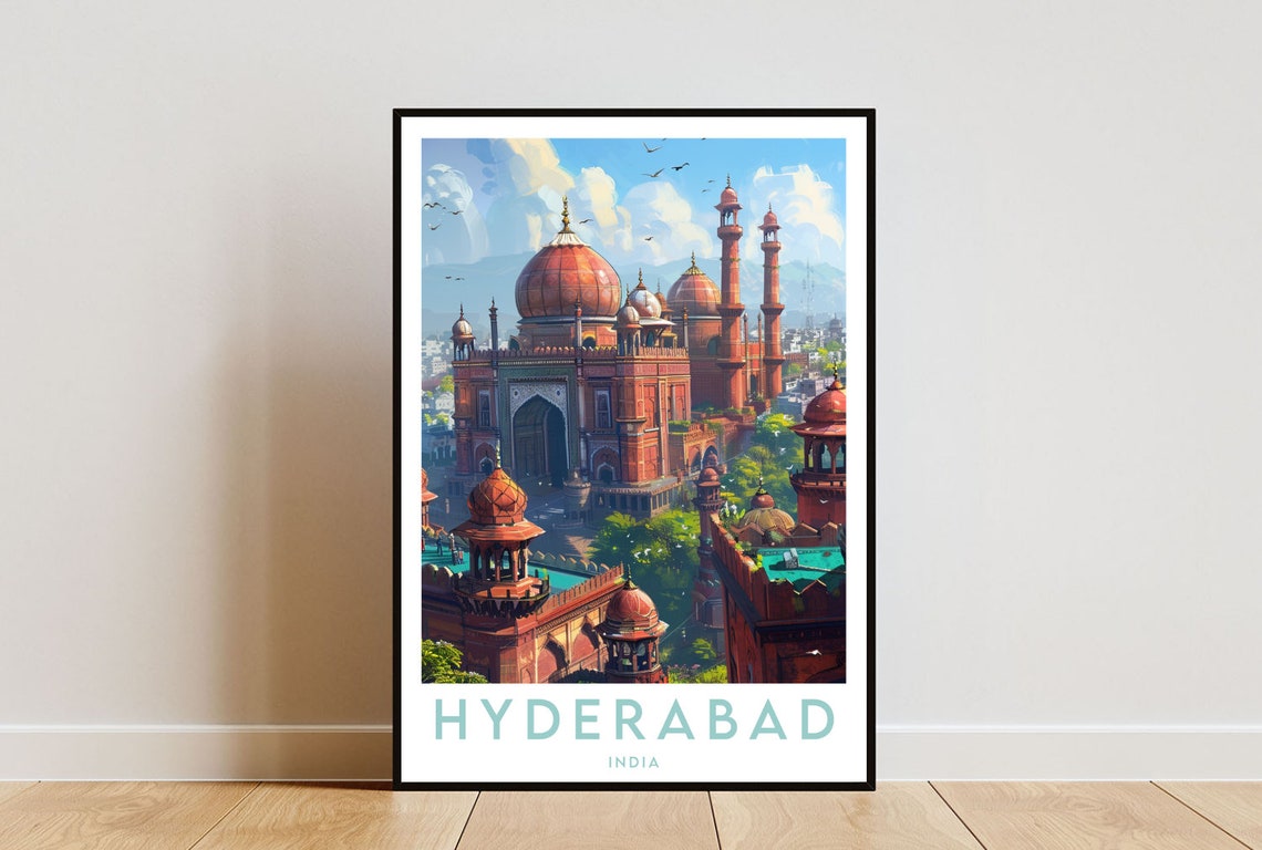 Hyderabad India Red Sandstone Mosque Domes Vintage Art Poster