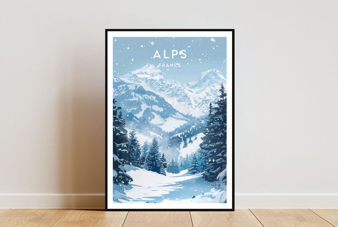 French Alps France Snowy Mountain Valley Pine Forest Winter Poster