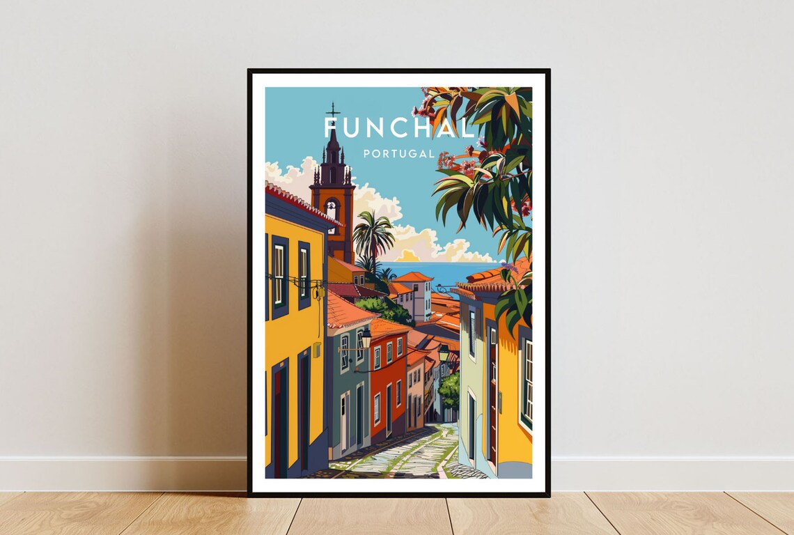 Funchal Portugal Colorful Old Town Street Church Tower Sea Poster