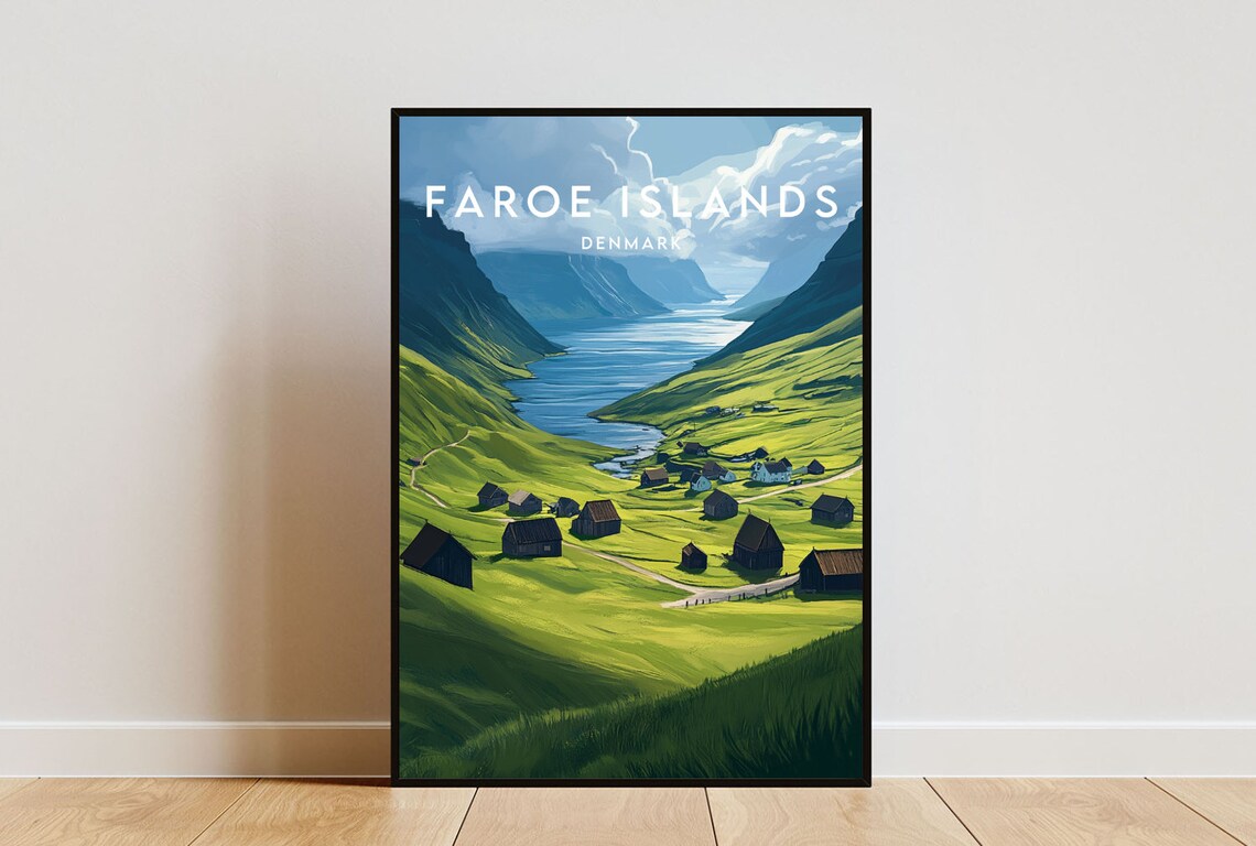 Faroe Islands Denmark Green Valley Fjord Nordic Travel Poster