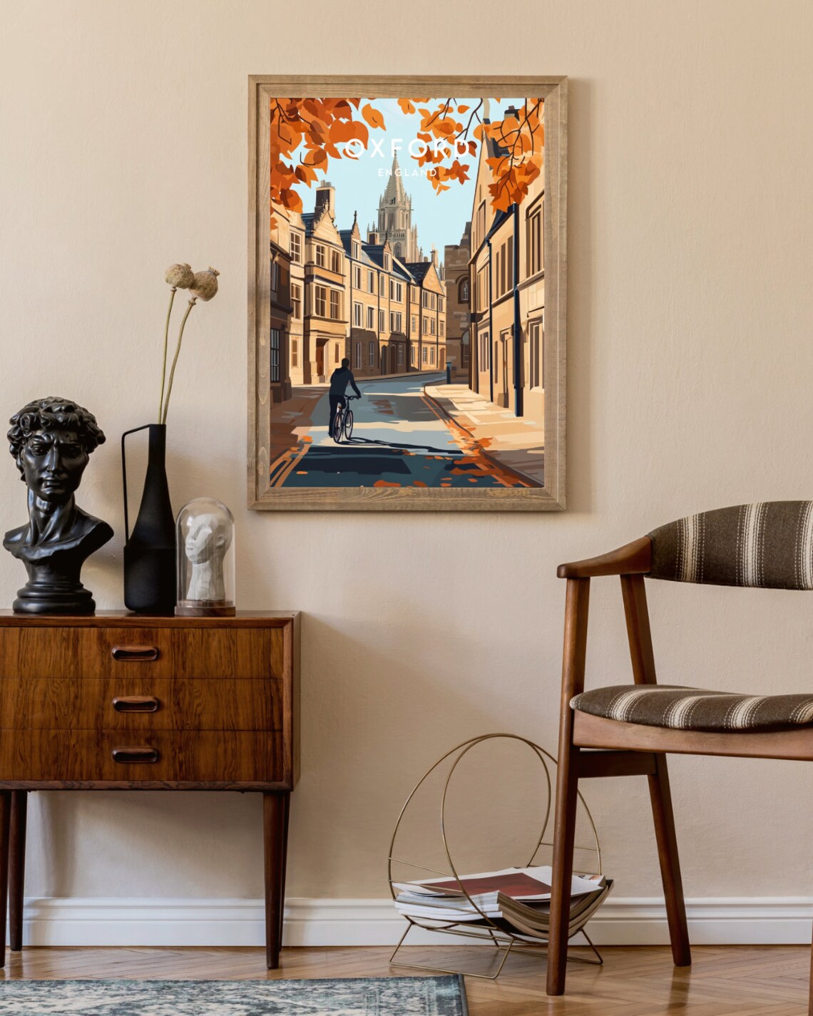 Oxford England Autumn Street Cyclist College Spire Vintage Poster - Image 2